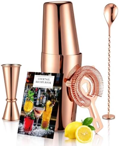 Boston Cocktail Shaker Set, 18 oz & 28 oz 2-Piece Tins, 304 Stainless Steel Bartender Kit 5-Piece Bar Tool Set with Recipe Book, Perfect for Novices & Pros, Home and Bar Use (RoseGold)