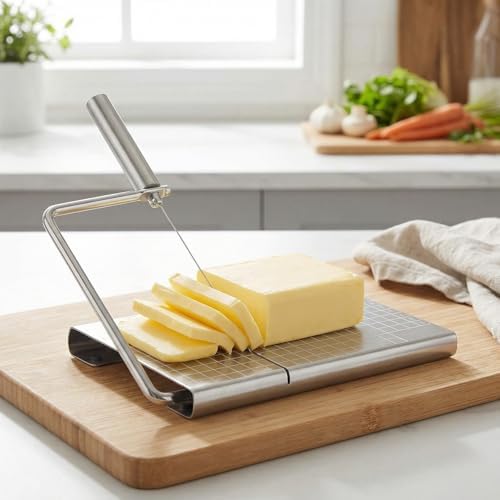 Versatile Stainless Steel Cheese Slicer with 6 Replacement Wires & Cutting Board Metal Cheese Cutter for Block Cheese Slices (Silver)