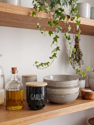 Ceramic Garlic Saver Container with Wood Lid (Black)