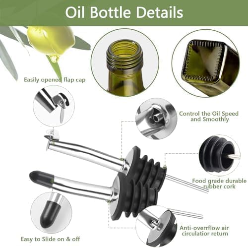 Leaflai Olive Oil Dispenser Bottle, 1 Pcs Green Glass Olive Oil Dispenser and Vinegar Dispenser Set with 2 Stainless Steel Pourers, 2 Labels,1 Brush and 1 Funnel Oil Bottles for Kitchen (500ml)