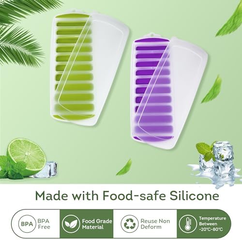Lily's Home Silicone Ice Cube Tray with Lid Set of 2, BPA-Free, Ideal for Water Bottles & Sports Bottles, Flexible & Stackable Design for Quick Release, Ice Cube Trays for Freezer(11.81"*4.72"*0.95")