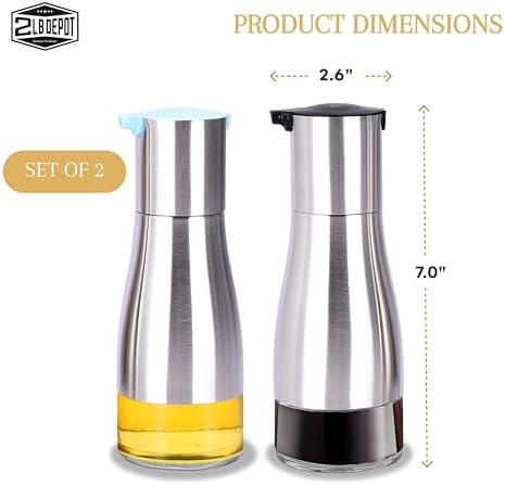 2LB Depot Oil and Vinegar Dispenser Set - Brushed Steel & Glass Containers with Anti-Drip Spout Lid - Easy-Clean - Olive Oil Dispenser Bottle - Minimalist Kitchen Accessory - 7.1"H x 2.7"L x 2.7"W