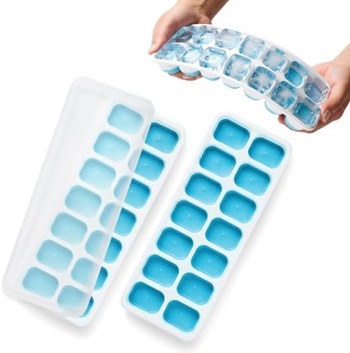 KEPLIN - 2 Pack Flexible Silicone Ice Cube Trays with Leakproof Lids, Easy Release Container, LFGB Certified and BPA Free, Parties, Cocktails and Frozen Drinks (Blue)
