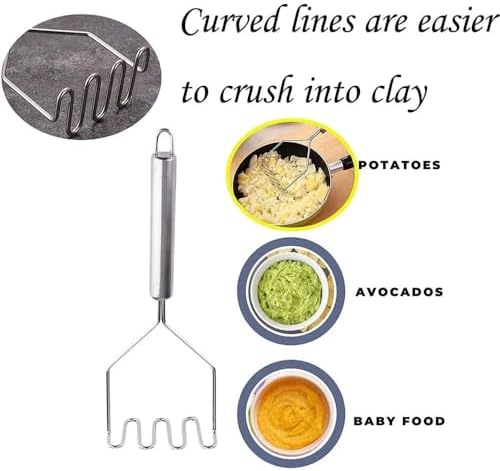 Potato Masher, Premium Stainless Steel Heavy Duty Metal Potato Ricer With Mirror Polish, Masher Kitchen Tool for Avocado, Potatoes, Beans, Meat, Vegetables and Dishwasher Safe.