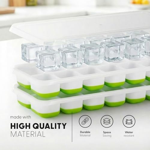 KEPLIN 2pk Silicone Ice Cube Trays with Non-Spill Lids, Easy to Remove Tray, LFGB Certified BPA Free, Flexible Silicone Ice Cube Moulds, Parties, Drinks, Cocktails & Frozen Liquids (Green)
