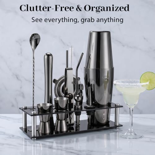 Boston Cocktail Shaker Set, 18 oz & 28 oz 2-Piece Tins, 304 Bartender Kit 15-Piece Bar Tool Set with Acrylic Stand & Recipe Book, for Novices & Pros, Home and Bar Use (Black)