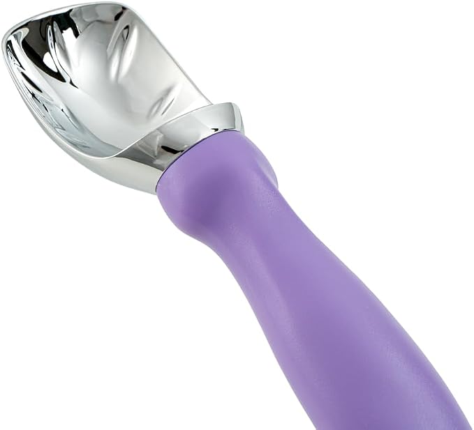 Restaurantware Comfy Grip 7.9 x 2 Inch Kitchen Ice Cream Scoop 1 Heavy-Duty Ice Cream Disher - Ergonomic PP Handle Dishwashable Purple Metal Ice Cream Spade With Lid Opener Notch Multi-Use