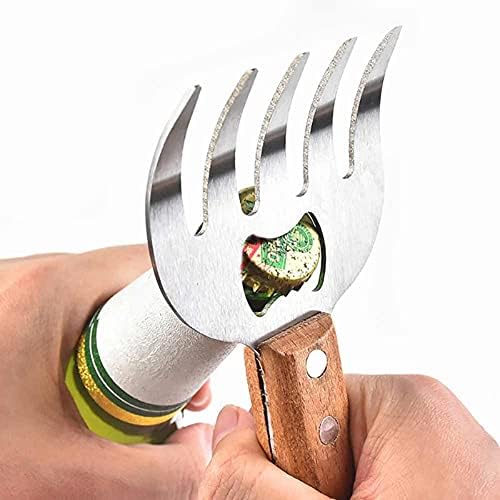 Meat Shredding Claws Stainless Steel BBQ Shredder Claws Fork Meat Shredder Splitter with Long Wooden Handle Bottle Opener for Pork Chicken Beef