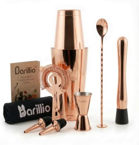 Barillio Rose Gold Boston Shaker Set - Stainless-Steel, Weighted Martini Cocktail Shaker Set w/Strainer & Mixer - Mixology Bartender Kit - Bar Set for the Home - 9-pc Drink Shaker Set - Bar Tools