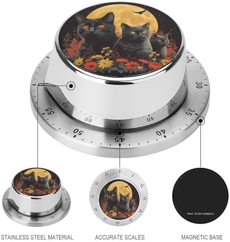 Vintage Halloween Black Cat Kitchen Timers for Cooking Surrounded by Flowers Chef Cooking Timer Clock with Loud Alarm No Batteries Required Mechanical Desk Timer Magnetic Backing