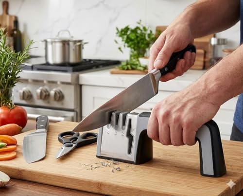 4-in-1 Knife Sharpener with Scissor Slot, Multi-Stage Manual Knife Sharpening Tool with Ergonomic Handle and Non-Slip Base for Kitchen Knives and Household Use (2026 Model)