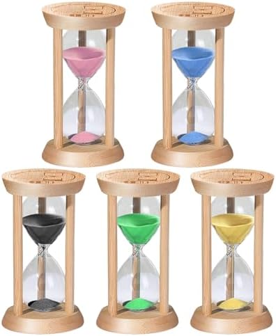 SuLiao Sand Timer, Colorful Wood Hourglass Timer, Wooden Sand Clock 1 min/2 min/3 min/5 min/10 min, Sandglass Hour Glass for Brushing Children's Teeth, Cooking, Games, School, Office (Pack of 5)