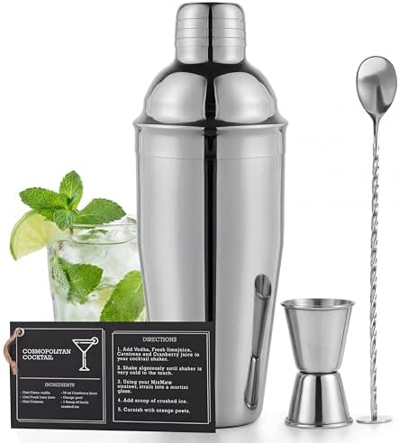 Premium Mixology Cocktail Shaker Set | 4 Piece Bar Tool Set, Silver Bar Set Cocktail Shaker Set for Drink Mixing - Includes Martini Shaker, Jigger, Bar Mixer Spoon + Free Cocktail Recipes | Gift Idea