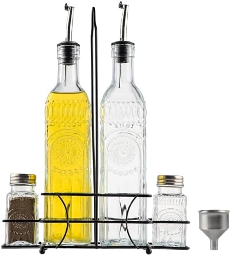 MDLUU Glass Oil and Vinegar Cruet Set, Salt & Pepper Shakers with Holder