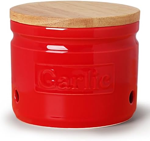 ONTUBE Ceramic Garlic Keeper with Wooden Lid 4-Inch,Garlic Holder (Red)