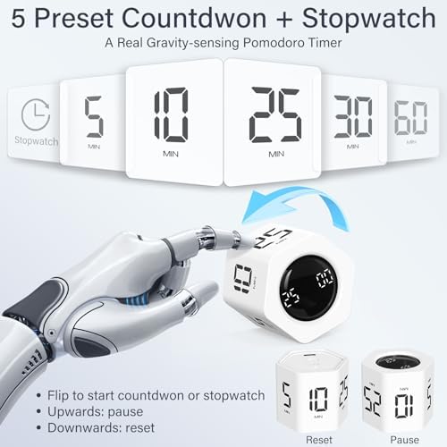 Rotating Productivity Timer 5, 25, 10 30,60 Mins Preset Stopwatch, Desk Flip ProductivityTimer, ADHD Tool Hexagon, Vibration/Mute/Alarm, for Work, Study, Back to School, Kitchen, 2 Pack White