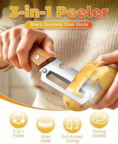 Shredder - 3-in-1 Multifunctional Vegetable Peeler with Bottle Opener & Julienne Shredder, Wide Stainless Steel Blade and Non-slip Wooden Handle, Peeler Knife for Fruits, Vegetables (2pcs)