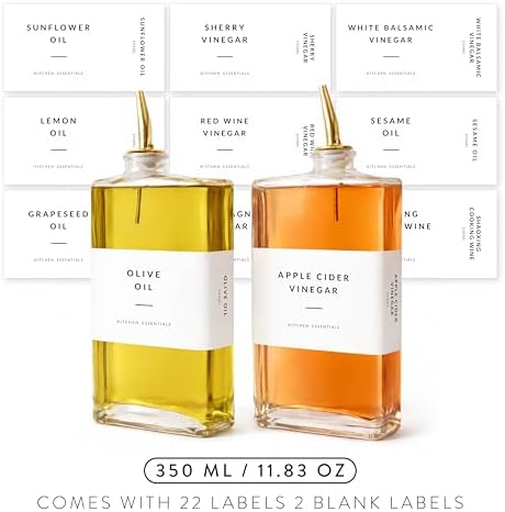 SAVVY & SORTED Glass Olive Oil Dispenser Bottle Set for Kitchen, 2PK Oil and Vinegar Dispenser Set with Gold Pourers and Labels, Cooking Oil Bottles for Kitchen Counter Decor, Set of 2