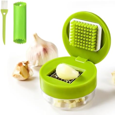 Mini Garlic Chopper and Press with Container Set, 2026 New Garlic Press Stainless Steel with Peeler and Cleaner Brush, Mini Garlics Mincer Tool for Shredded Ginger, Fruit Home Camping Use