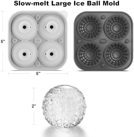 Nax Caki 3D Ball Crystal Ice Cube Tray, Large Ball Silicone Fun Shapes Whiskey Ice Mold with Funnel for Cocktails, Bourbon,Brandy, Whiskey Gifts for Men Black