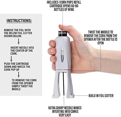 Cork Pops Legacy Wine Opener Built-in 4-Blade Foil Cutter Safe Cork Removal, Effortless Push Button Use, Needle Guard for Safety, Low-Pressure Cartridge Opens Up To 60 (Gray, With 3 Cartridges)
