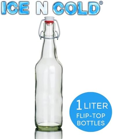 ICE N COLD Glass Swing Top Bottles | Flip Top Glass Bottles for Limoncello, Syrups, Oils, Vinegar, Extracts & Beverages | Airtight Reusable Glass Bottles (6-Pack, LARGE (1L | 34oz))