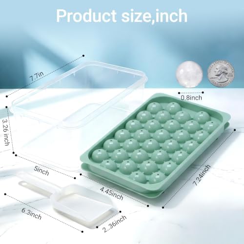 Ice Cube Tray with Lid and Bin, 96 Pcs Mini Round Ice Ball Molds for Freezer with Scoop, 0.8 Inch Sphere Maker, Easy Release Silicone Base, for Coffee, Cocktails (3 Pack, Fresh Green)