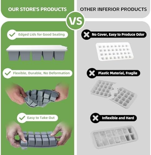FANYITY Silicone Ice Cube Tray with Lid, Gray, Pack of 2 Ice Cube Moulds, Silicone Mould, BPA-Free, Stackable Ice Cube Tray, Ice Cube Trays for Baby Porridge, Cocktail, Whiskey, Coffee