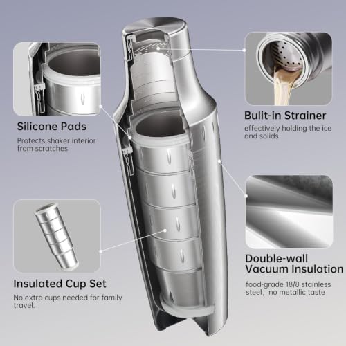 Hybrid Cocktail Shaker Set with Stackable Cups | Vacuum Insulated Stainless Steel Martini Shaker & Bartender Tools | Travel-Ready Kit | 30oz | Gunmetal Gray