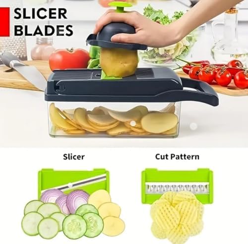 14 in 1 Vegetable Chopper Dicer with Container, Mandoline Slicer, Cheese Grater, Cabbage Shredder, French Fry Cutter, Stainless Steel Manual Hand Kitchen Gadget for Onion Potato Fruit