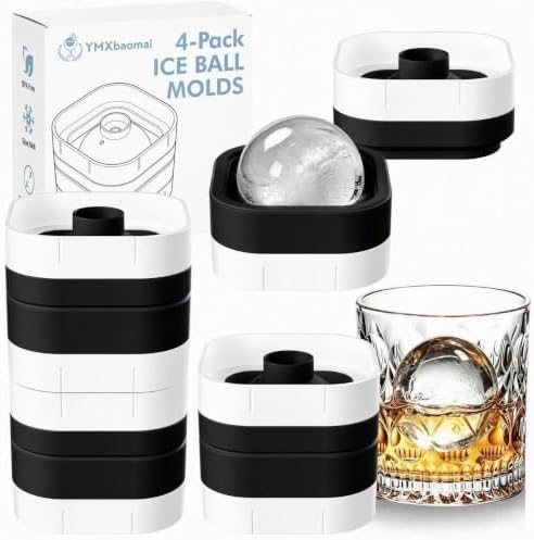 Ice Ball Maker Mold with Lid - 4 Pack, 2 Inch Round Freezer Tray, Black