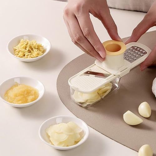 Mini Garlic Grinder, Multifunctional Garlics Grinder & Mandoline Slicer, 3-In-1 Garlic Slicer Veggie Shredder With Container, Hand Guard, For Can Grind, Slice And Shred (Beige *1)