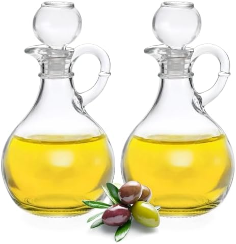 BSTKEY Set of 2 Olive Oil Dispenser Bottle with Stopper, 310ml Round Glass Cruet Bottles Dispenser for Kitchen, Salad Dressing Bottles, Cruets for Vinegar and Oil