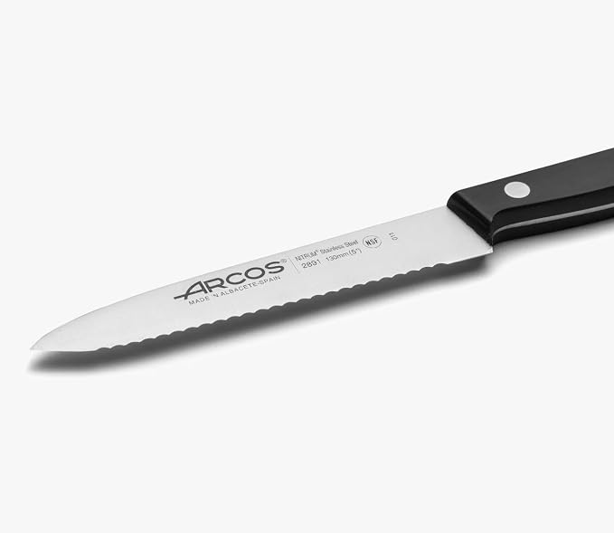 Arcos Paring Knife 5 Inch Stainless Steel. Serrated Tomato Knife for Cutting and Chopping. Ergonomic Polyoxymethylene Handle and 130mm Blade. Series Universal. Color Black