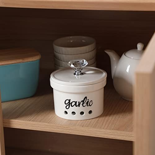 Garlic Keeper with Crystal Lid, 12.5 oz Ceramic Garlic Saver Container for Countertop, Farmhouse Kitchen Decor (Silver)