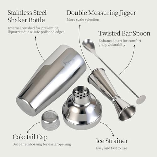 24oz Cocktail Shaker Set with 1 oz 2oz Jigger - Monogramm Initials Martini Shaker Set - 304 Stainless Steel Bar Shaker for Margarita,Mojito-Personalized Gift for Friend,Husband-W