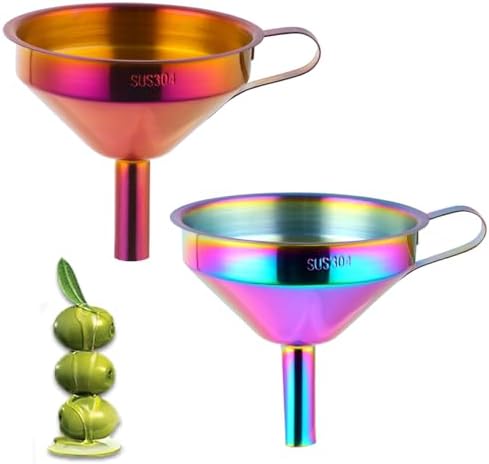 DOCBLACK Stainless Steel Funnel Set of 2, Stainless Steel Funnel with Removable Strainer and Handle, Food Grade Metal Kitchen Funnel for Fluid, Liquid, Oil, Powder Filling Bottles (Rainbow&SunsetRed)