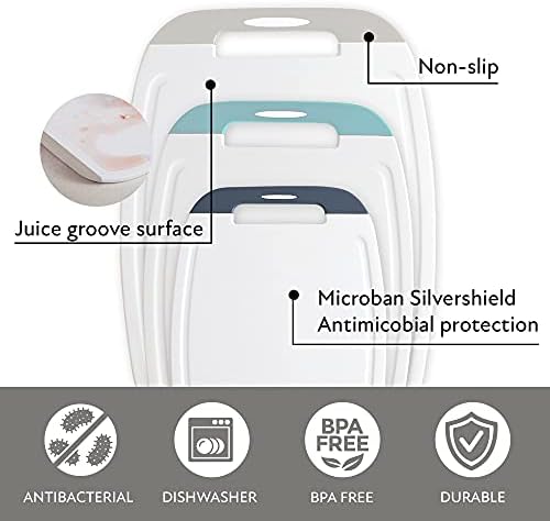 Neoflam Microban Protection Cutting Board 3 Piece Set, Stain & Odor/BPA Free, Reversable Board, Upgraded Larger Juice Groove, Non-Slip EZ Grip Handle, Dishwasher Safe,Grey