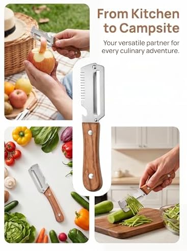 3-in-1 Multifunctional Vegetable Peeler, Curved Stainless Steel Blade Wooden Handle & Built-In Bottle Opener Kitchen Tool for Sugar Cane, Potato, Fruit, Pumpkin, Carrot Veggie Peeler (1PCS)