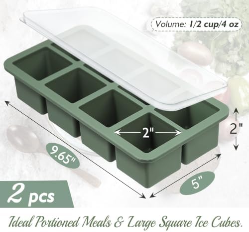 Webake 1/2 Cup Silicone Freezer Tray with Lids, 2Pcs 8-Slot Square Ice Cube Mold, Ideal for Prep & Portion, Large Ice Cube, Storage Soup, Broth, Leftovers, Snack