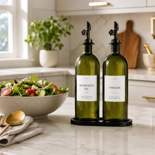 Olive Oil Dispenser for Kitchen, 2-Pack 16oz Glass Bottle with White Labels