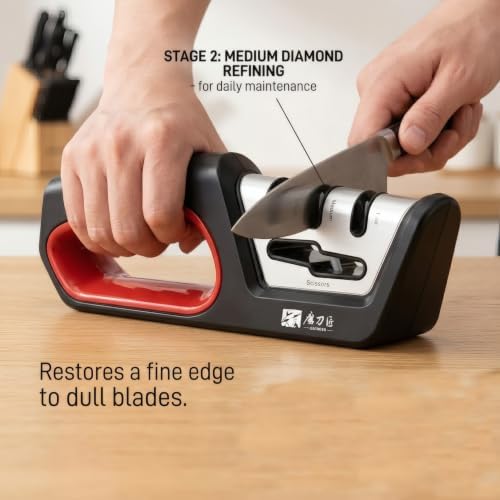 4 in1 Knife Sharpener — Diamond-Coated Ceramic Sharpening Stones Compatiable for All Knives Including Professional, Precision Kitchen, Chef's Knives ，with Non-Slip Rubber Edge Grip