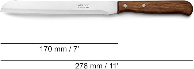 Arcos Bread Knife 7 Inch Nitrum Stainless Steel and 170 mm blade. Obtain a great variety of cuts for your food. Ideal knife for daily domestic use. Series Latina. Color Brown.