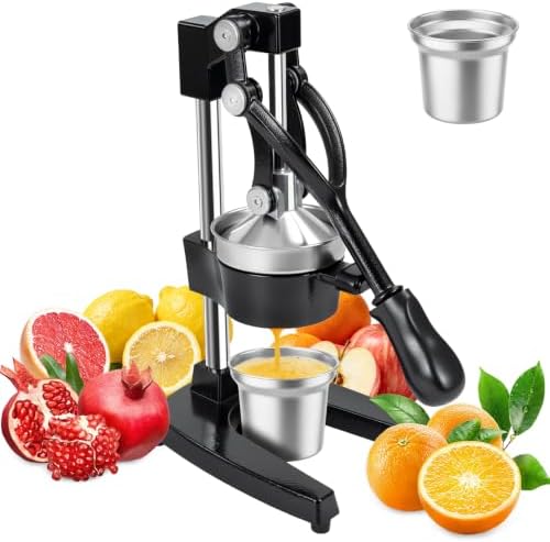 Cast Iron Manual Juicer Press, Orange Press with Stainless Steel Cup, Black
