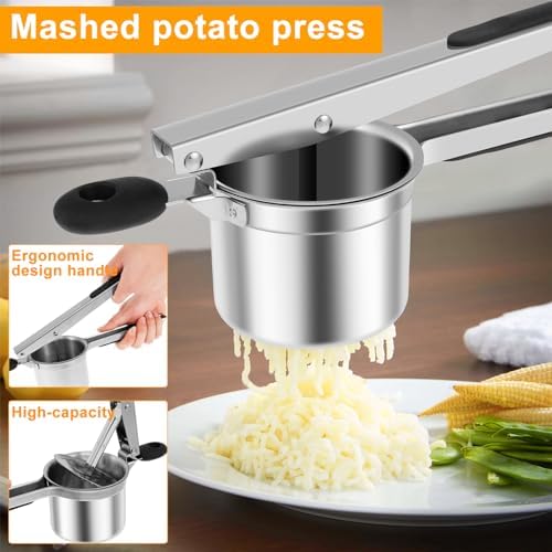 Potato Ricer, Stainless Steel Potato Masher with 4 Removable Discs, Manual Food Masher with Non Slip Long Handle, 15oz Kitchen Fruit and Vegetables Press 12.99×4.7 Inch Food Ricer for Home Kitchen