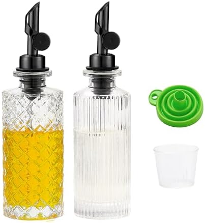 Glass Olive Oil Dispenser Bottle Small, 6.5 Oz/ 200 ml Coffee Simple Syrup Bottles with Black Metal Pour Spout, Funnel, Measuring Cup, Oil and Vinegar Bottle for Kitchen (2 Pack)