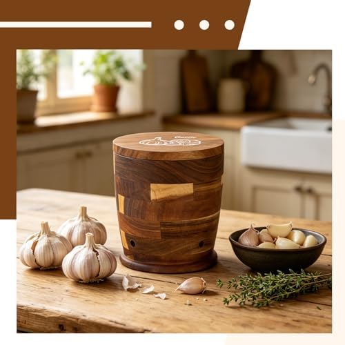 Mifoci Acacia Wood Garlic Keeper with Lid, Ventilated Garlic Storage Container for Countertop, Rustic Crafted Holder Container, Keeps Bulbs Dry, 5.6 x 5 x 5 Inch, Fits 4–5 Heads