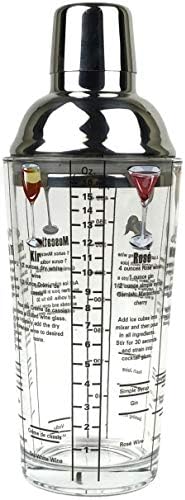 14 oz Recipe Glass Cocktail Shaker With Jigger & Strainer Top - Includes 6 Cocktail Drink Recipes (Wine Theme)