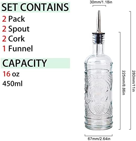 eleganttime 2 Pack Glass Oil and Vinegar Dispenser Set 16oz, Superior Leakproof Olive Oil Dispenser Bottle Strong with Cork for Kitchen Cooking, with Stainless Steel Spout and Silica Gel Funnel