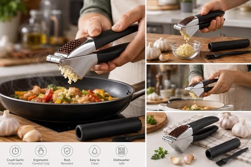 HOMFTY Garlic Press Set – Heavy Duty Stainless Steel Garlic Mincer & Crusher with Silicone Peeler, Ginger Press & Cleaning Brush – Large Chamber, Ergonomic Non-Slip Handle, No Peeling Needed